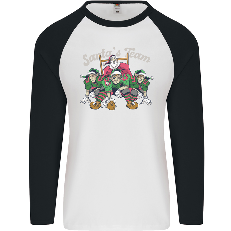 Santa American Football Team Christmas Xmas Mens L/S Baseball T-Shirt White/Black