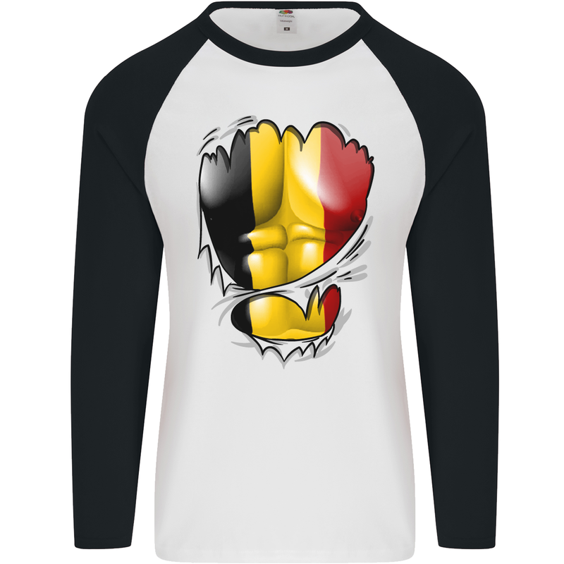 Gym Belgian Flag Ripped Muscles Belgium Mens L/S Baseball T-Shirt White/Black