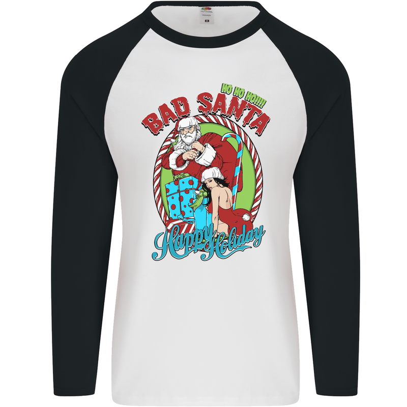 Christmas Bad Santa Funny Xmas Mens L/S Baseball T-Shirt White/Black