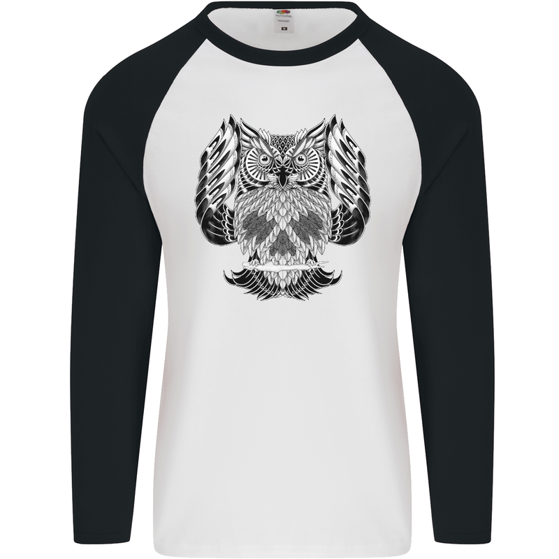 Owl Skull Ornathology Mens L/S Baseball T-Shirt White/Black