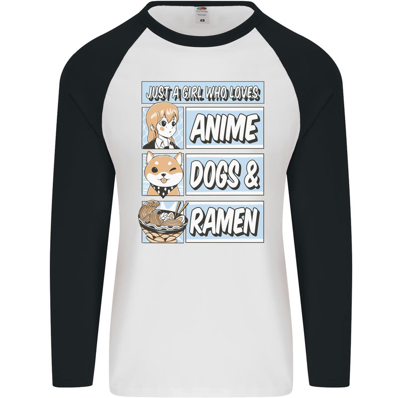A Girl Who Loves Anime Dogs & Ramen Mens L/S Baseball T-Shirt White/Black