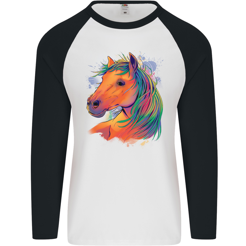 Horse Head Equestrian Mens L/S Baseball T-Shirt White/Black