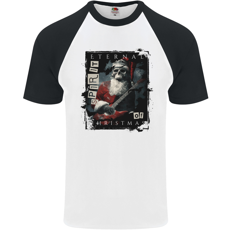 Eternal Spirit of Christmas Skull Guitar Rock Music Mens S/S Baseball T-Shirt White/Black