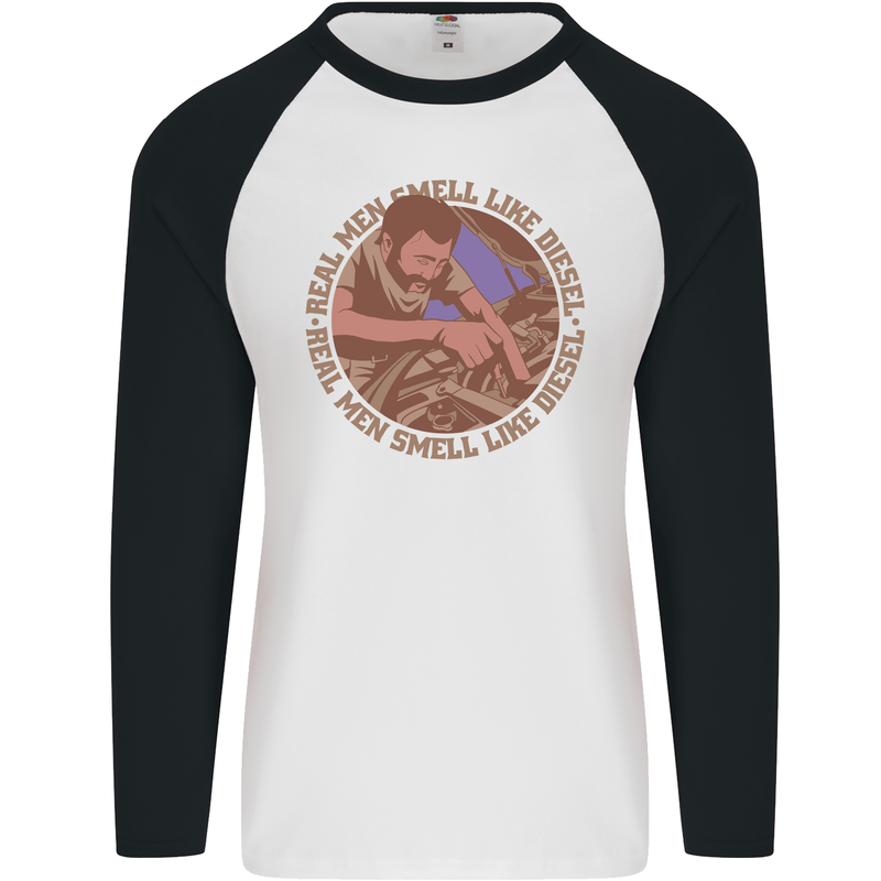 Mechanic Real Men Smell Like Diesel Mens L/S Baseball T-Shirt White/Black
