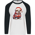 Christmas British Bulldog Union Jack Dog Xmas Mens L/S Baseball T-Shirt White/Black