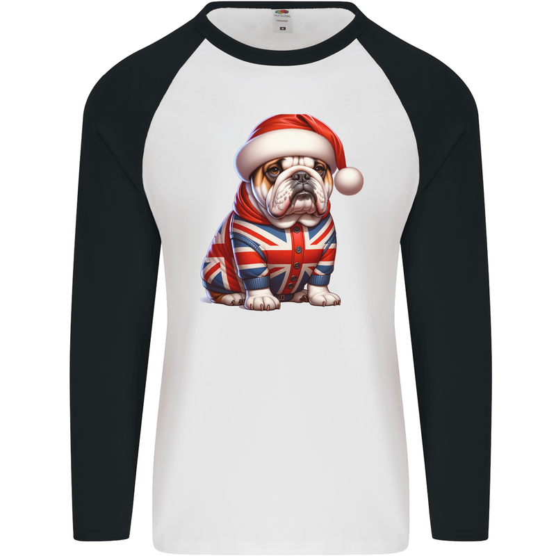 Christmas British Bulldog Union Jack Dog Xmas Mens L/S Baseball T-Shirt White/Black