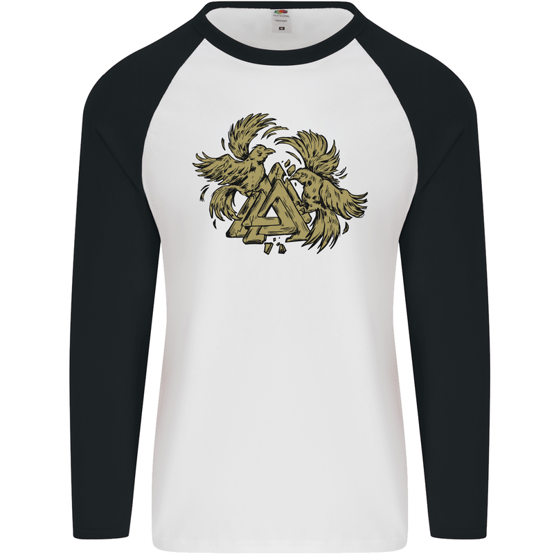 Valknut Symbol With Ravens Vikings Mens L/S Baseball T-Shirt White/Black