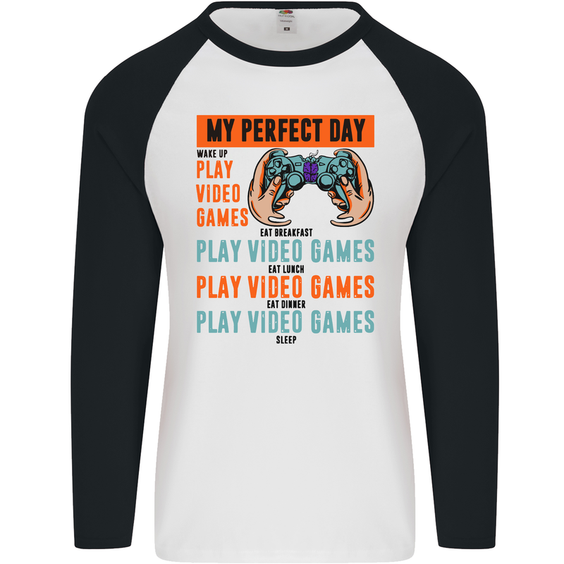 My Perfect Day Video Games Gaming Gamer Mens L/S Baseball T-Shirt White/Black