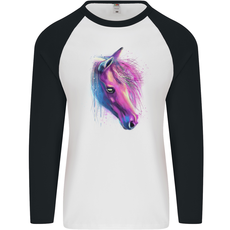 Watercolour Horse Mens L/S Baseball T-Shirt White/Black