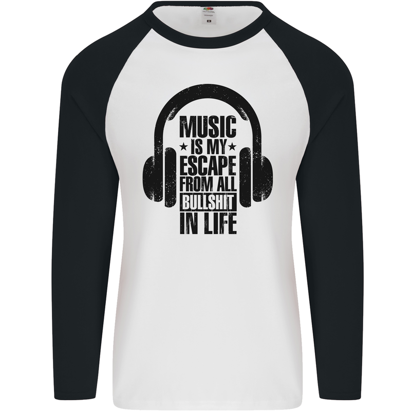 Music Is My Escape From B/S in Life Rock Mens L/S Baseball T-Shirt White/Black