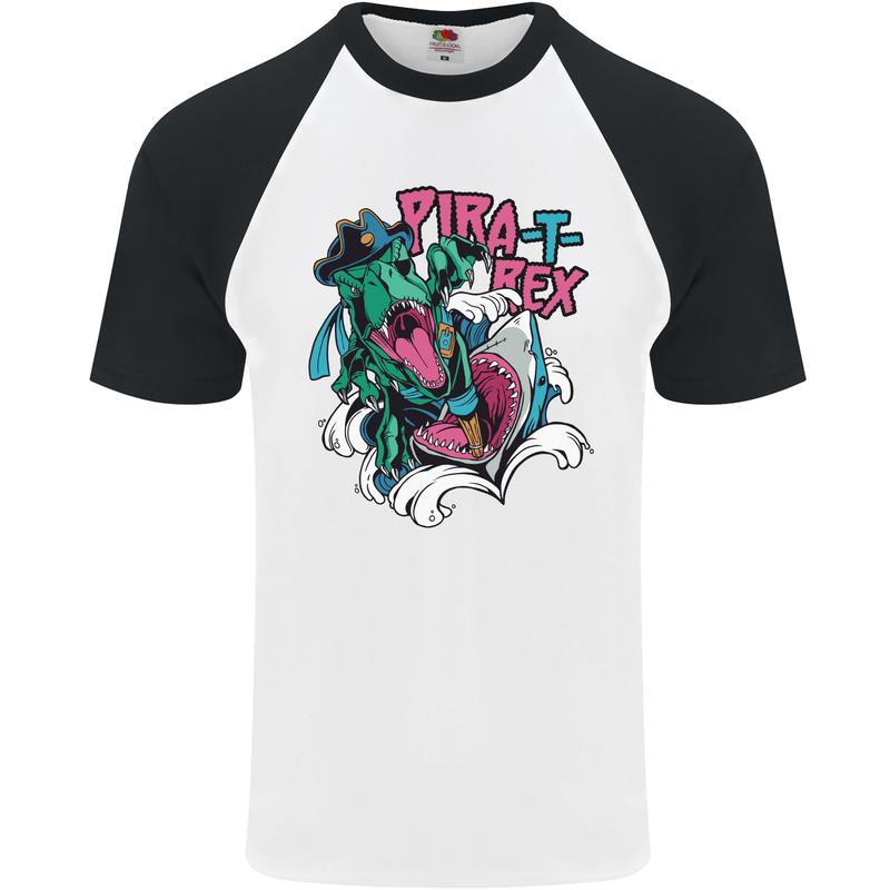 Pirate T-Rex Funny Dinosaur Mens S/S Baseball T-Shirt White/Black