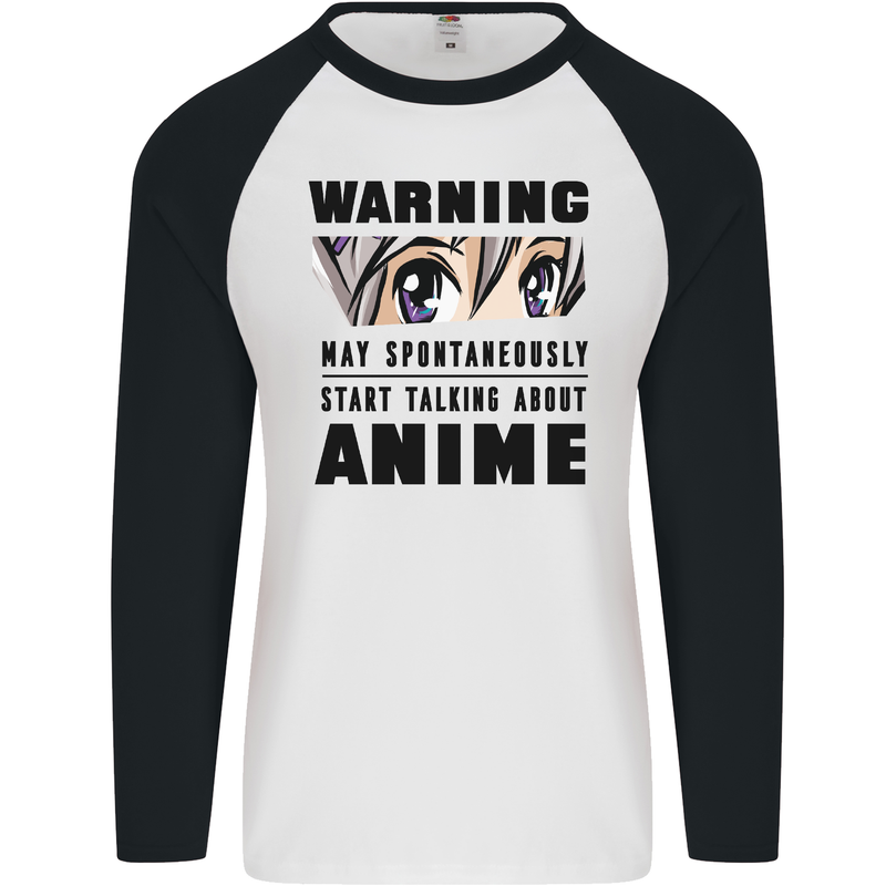 Warning May Start Talking About Anime Funny Mens L/S Baseball T-Shirt White/Black