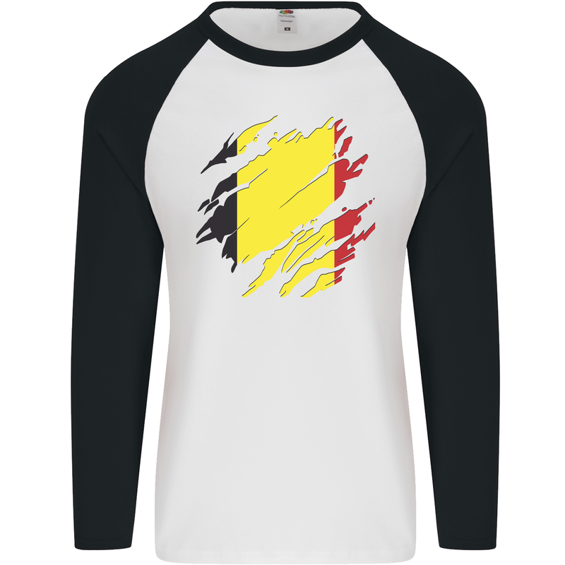 Torn Belgium Flag Belgian Day Football Mens L/S Baseball T-Shirt White/Black