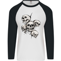 5 Skulls Demons Biker Gothic Heavy Metal Mens L/S Baseball T-Shirt White/Black