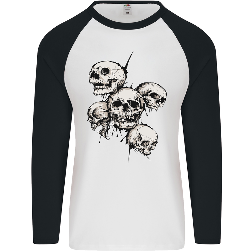 5 Skulls Demons Biker Gothic Heavy Metal Mens L/S Baseball T-Shirt White/Black