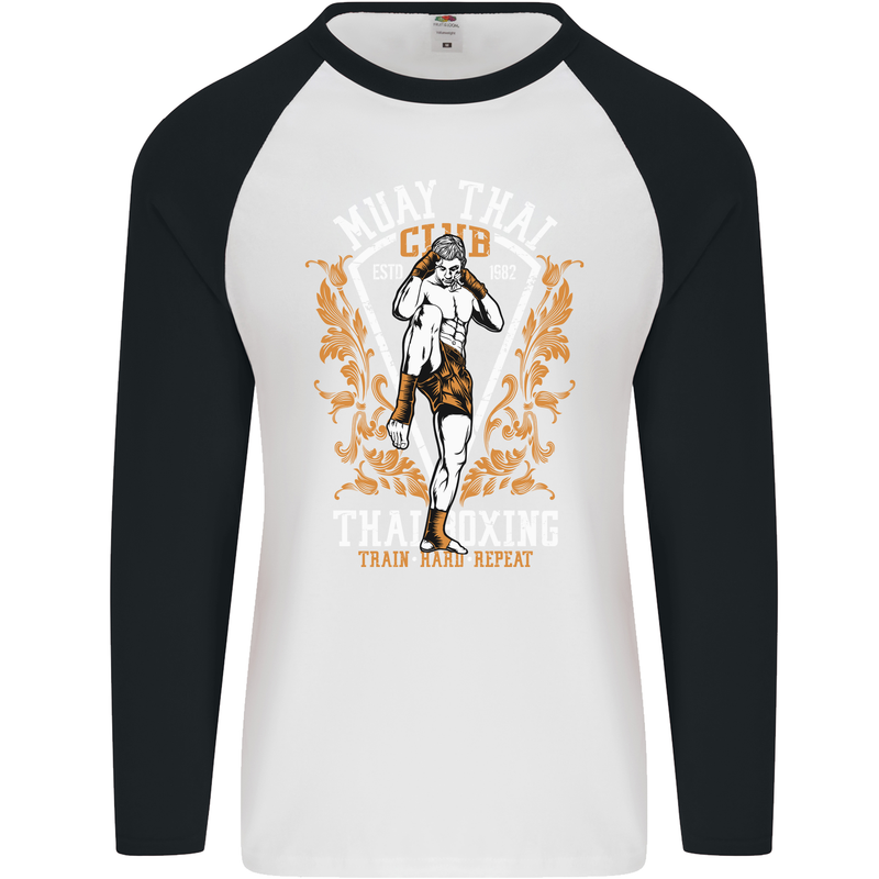 Muay Thai Fighter Warrior MMA Martial Arts Mens L/S Baseball T-Shirt White/Black