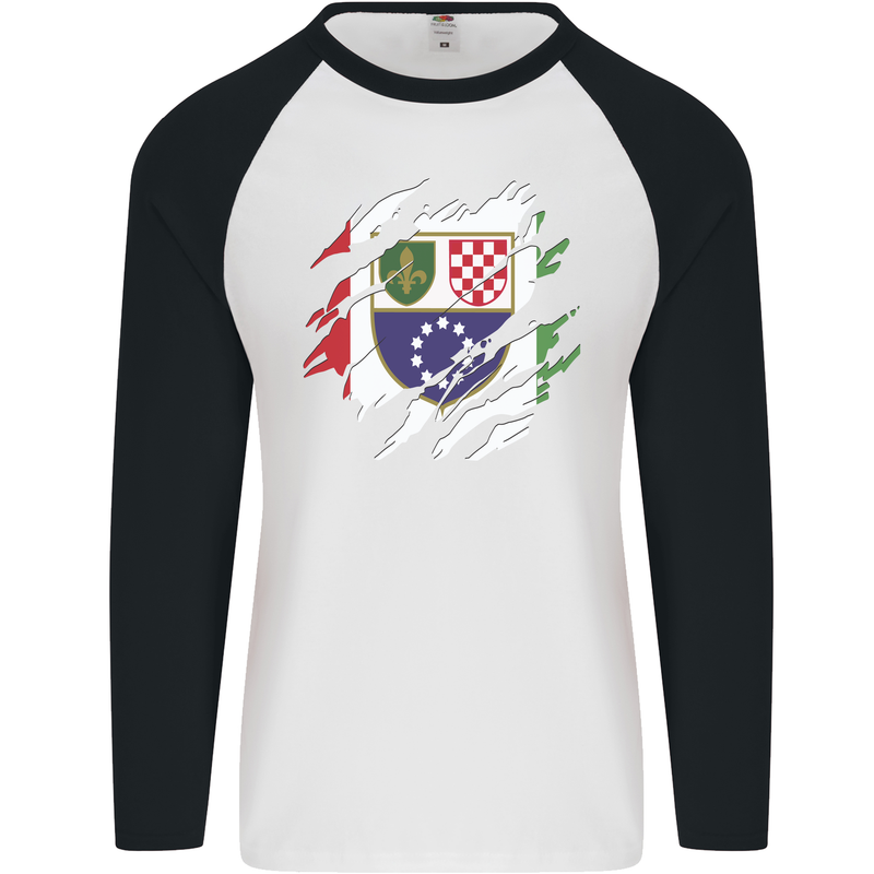 Torn Bosnia and Herzegovina Flag Day Football Mens L/S Baseball T-Shirt White/Black