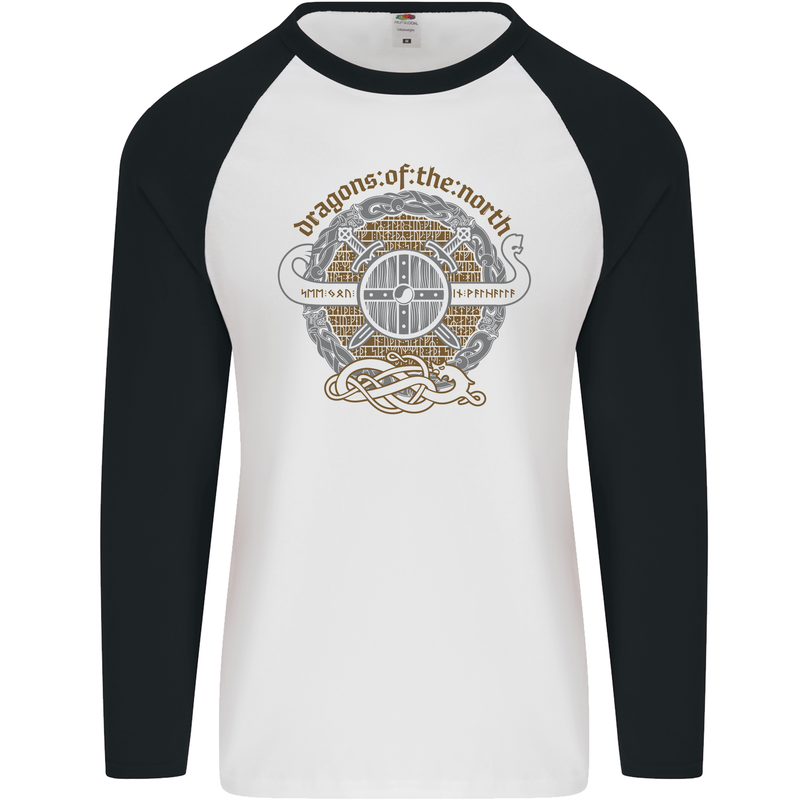 Dragons North Viking Valhalla Thor Odin Mens L/S Baseball T-Shirt White/Black