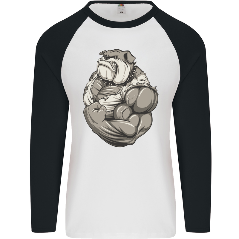 Bulldog Gym Bodybuilding Training Top Mens L/S Baseball T-Shirt White/Black