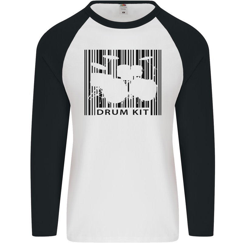 Drum Kit Barcode Drummer Drumming Mens L/S Baseball T-Shirt White/Black