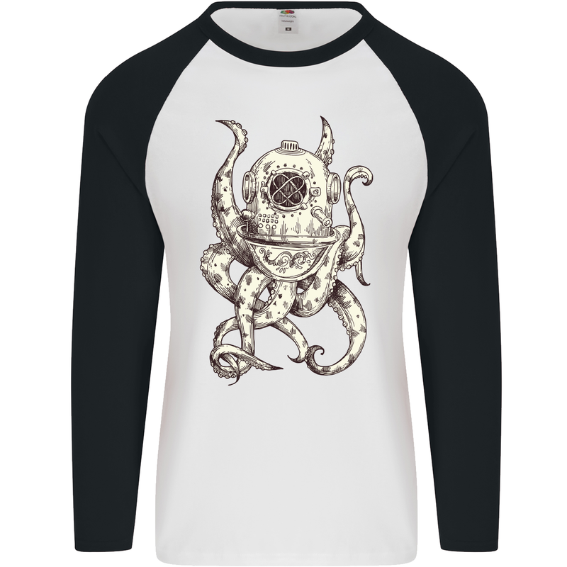 Steampunk Octopus Kraken Cthulhu Mens L/S Baseball T-Shirt White/Black
