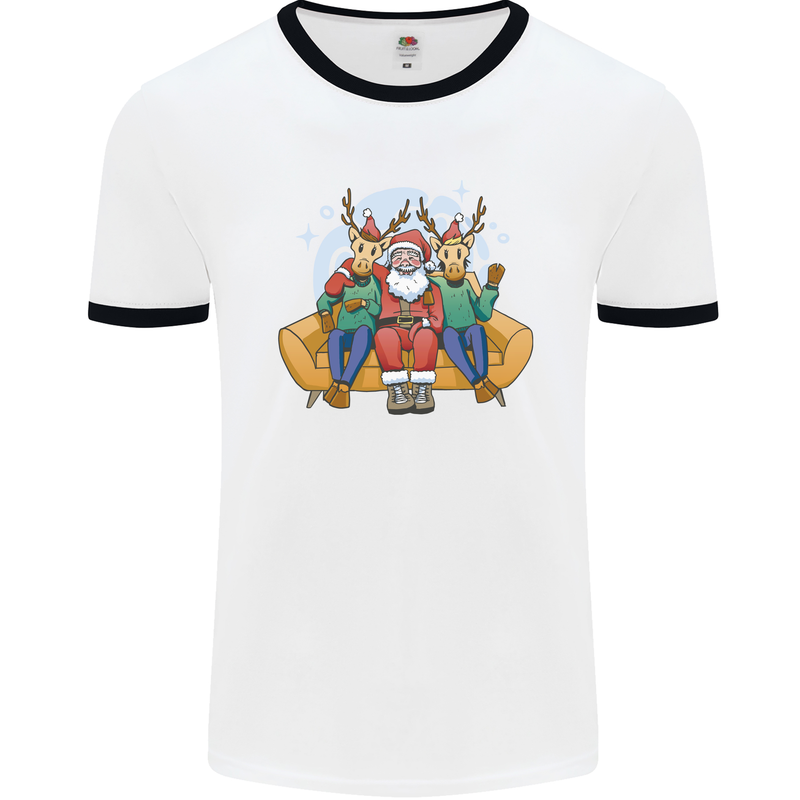 Santa Claus Chilling With Reindeers Christmas Xmas Mens Ringer T-Shirt White/Black