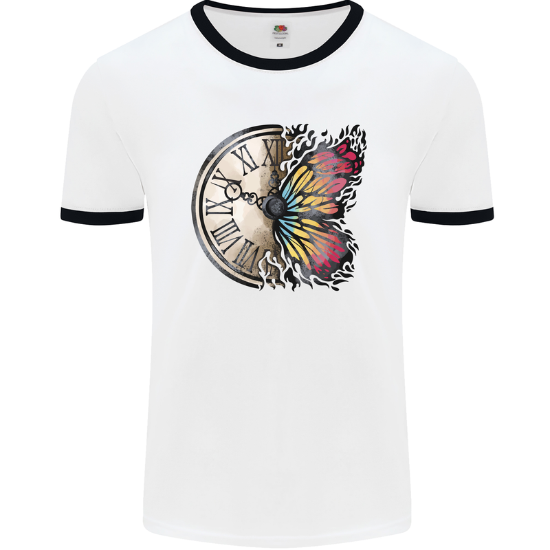 Butterfly Clock Mens Ringer T-Shirt White/Black