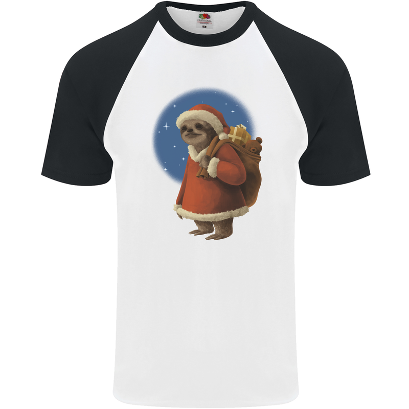 Santa Sloth Funny Christmas Xmas Mens S/S Baseball T-Shirt White/Black