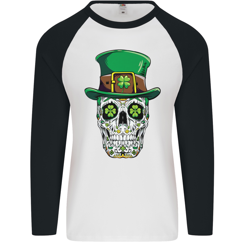 St Patricks Day of the Dead Sugar Skull Mens L/S Baseball T-Shirt White/Black