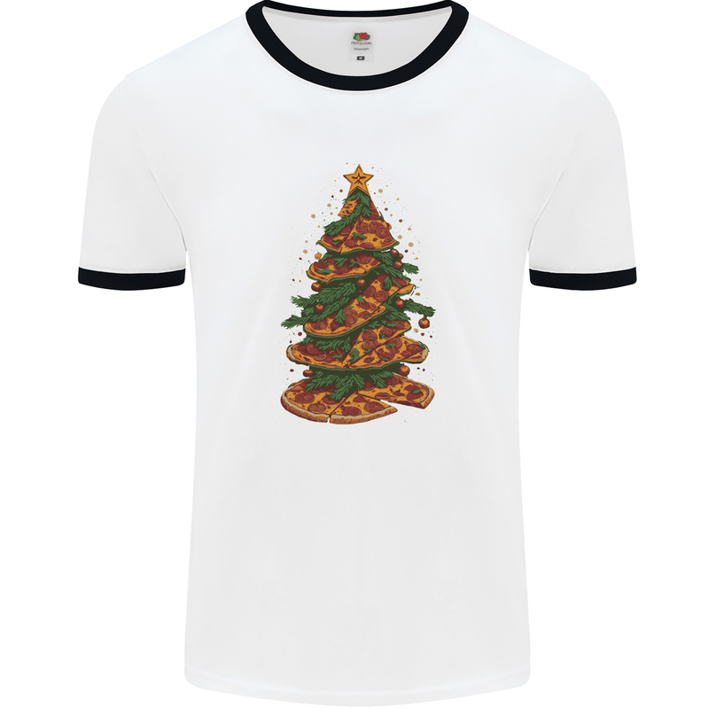 Funny Christmas Pizza Tree Xmas Food Mens Ringer T-Shirt White/Black