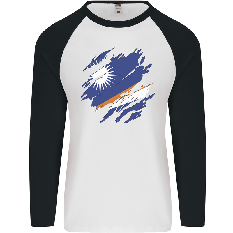 Torn Marshall Islands Flag Day Football Mens L/S Baseball T-Shirt White/Black