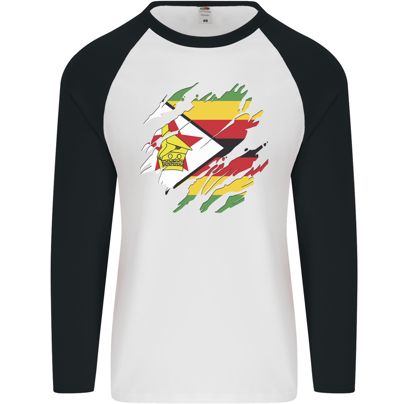 Torn Zimbabwe Flag Zimbabwean Day Football Mens L/S Baseball T-Shirt White/Black