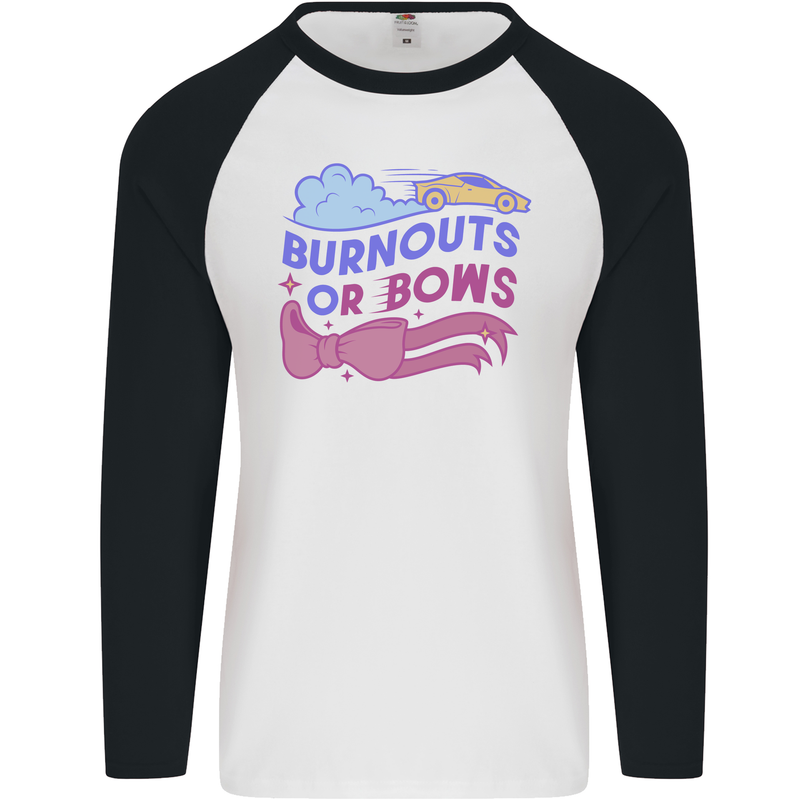 Burnouts or Bows Gender Reveal New Baby Pregnant Mens L/S Baseball T-Shirt White/Black