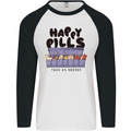Cats Happy Pills Funny Feline Mens L/S Baseball T-Shirt White/Black