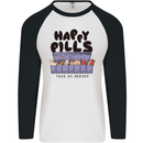 Cats Happy Pills Funny Feline Mens L/S Baseball T-Shirt White/Black