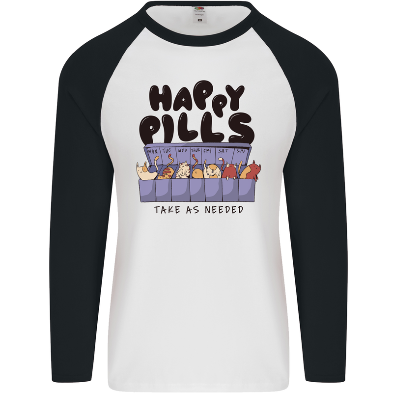 Cats Happy Pills Funny Feline Mens L/S Baseball T-Shirt White/Black