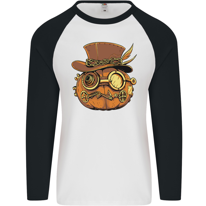 Steampunk Pumpkin Halloween Mens L/S Baseball T-Shirt White/Black