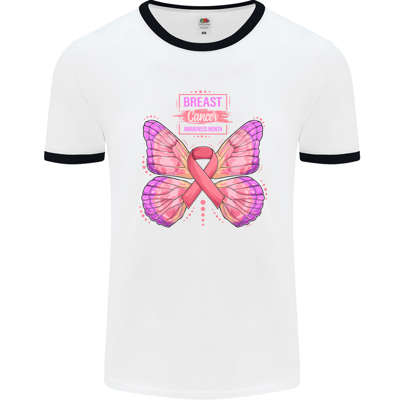 Breast Cancer Awareness Month Butterfly Mens Ringer T-Shirt White/Black