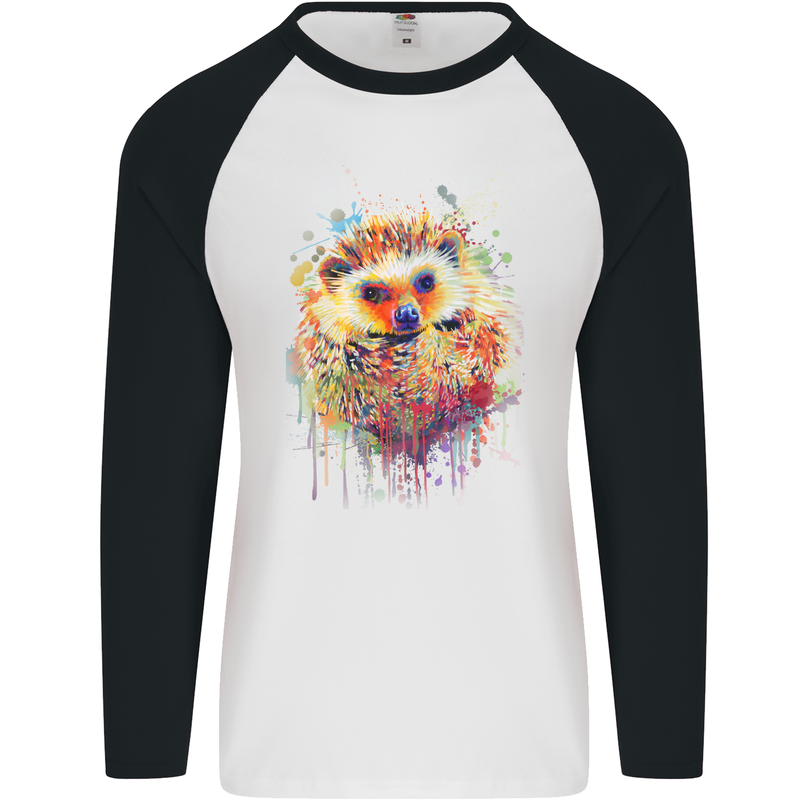 Watercolour Hedgehog Mens L/S Baseball T-Shirt White/Black