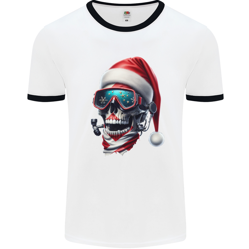 Christmas Scuba Diving Skull Xmas Hat Mens Ringer T-Shirt White/Black