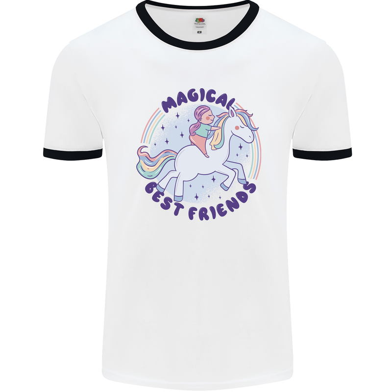 Magical Friends a Girl Riding a Unicorn Mens Ringer T-Shirt White/Black