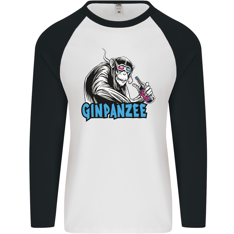 Ginpanzee Funny Gin Drinker Monkey Alcohol Mens L/S Baseball T-Shirt White/Black