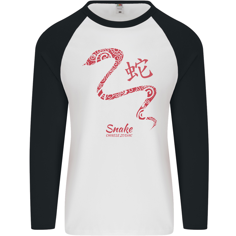 Chinese Zodiac Shengxiao Year of the Snake Mens L/S Baseball T-Shirt White/Black