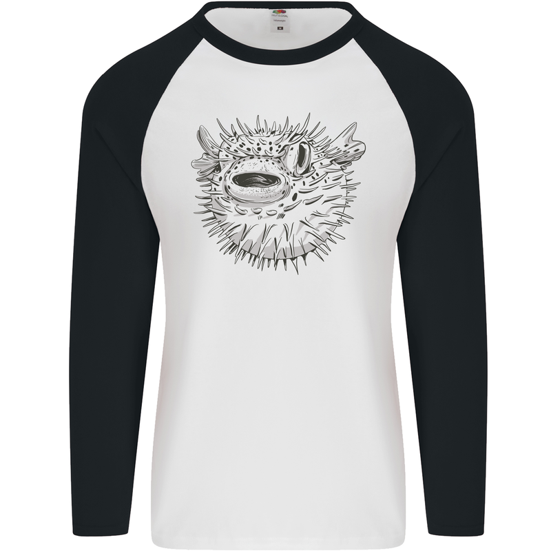 A Pufferfish Puffer Illustration Mens L/S Baseball T-Shirt White/Black