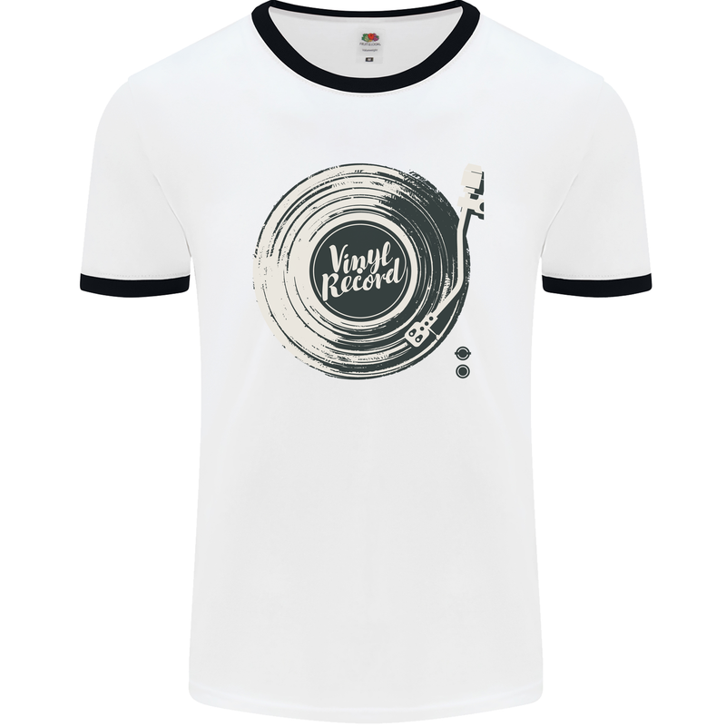 Vinyl Record Music Turntable DJ Mens Ringer T-Shirt White/Black