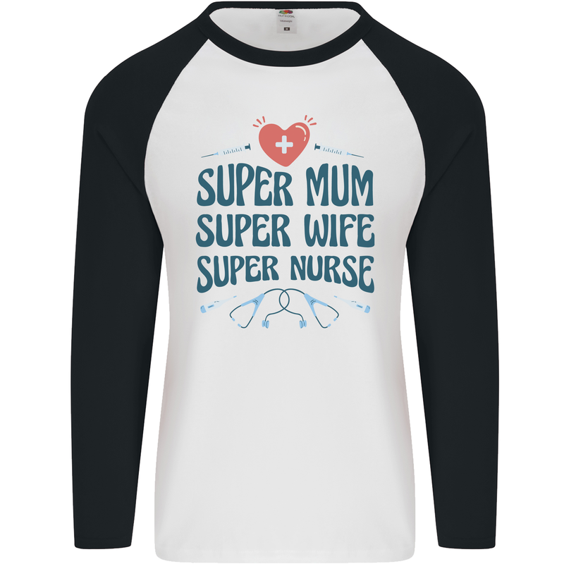 Super Mum Wife Nurse Mothers Day Gift Mens L/S Baseball T-Shirt White/Black