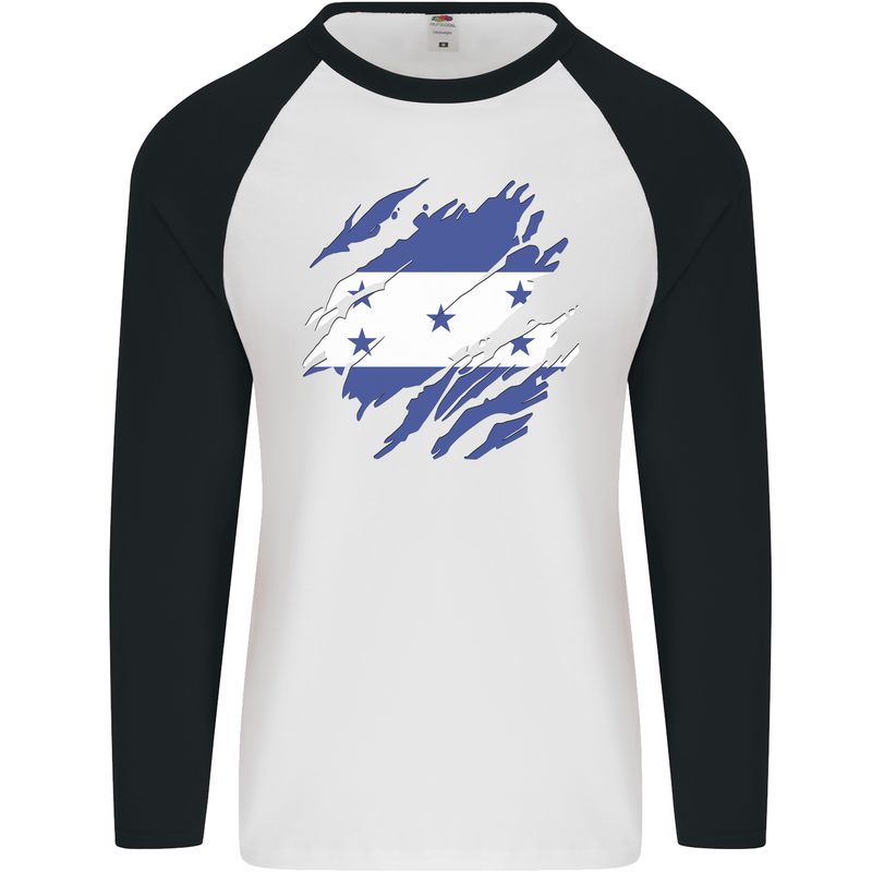 Torn Honduras Flag Honduran Day Football Mens L/S Baseball T-Shirt White/Black