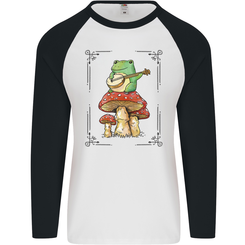 A Frog Playing the Guitar on a Toadstool Mens L/S Baseball T-Shirt White/Black