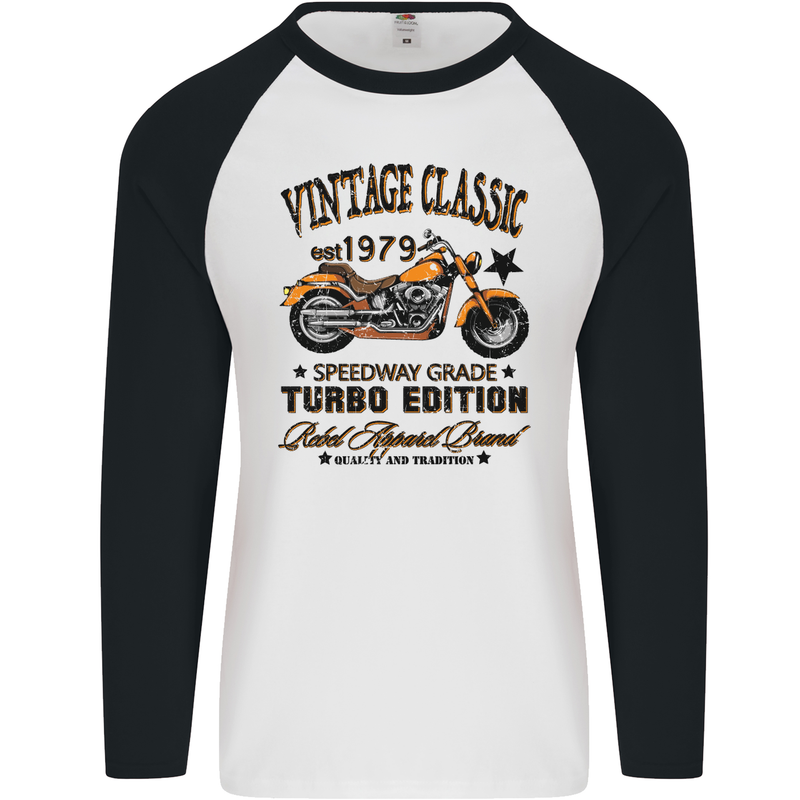 Vintage Classic Motorcycle Motorbike Biker Mens L/S Baseball T-Shirt White/Black