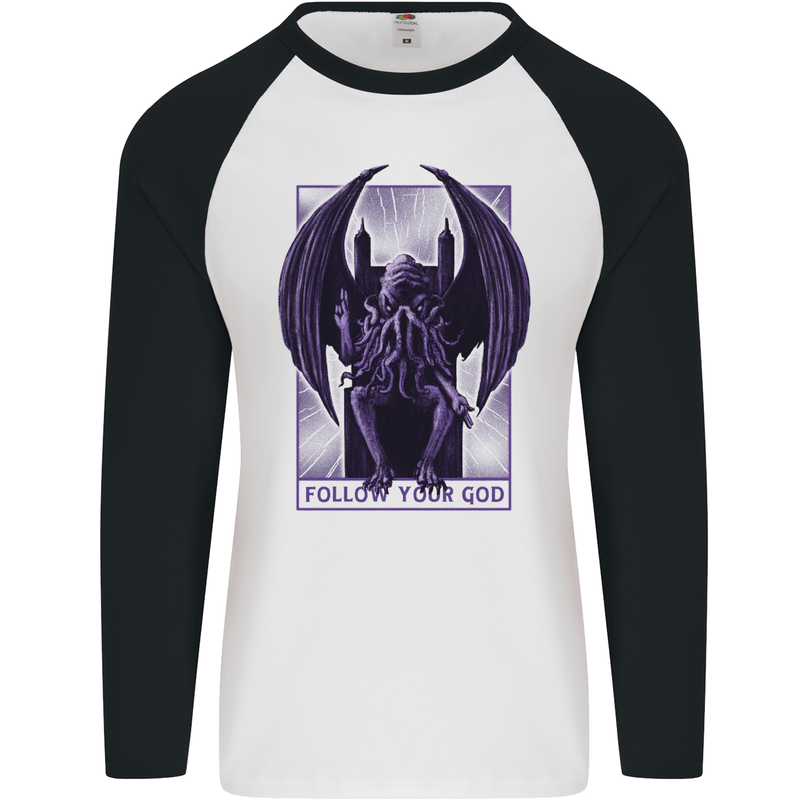 Cthulhu Follow Your God Kraken Mythology Mens L/S Baseball T-Shirt White/Black